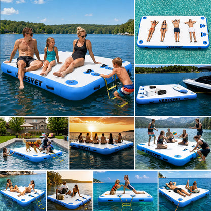 VEBESYET Inflatable Floating Dock with Soft Ladder, 6 inch Thick Non-Slip Inflatable Dock Floating Platform, Durable Drop-Stitch Inflatable Dock for Lake, Ocean, Swimming & Fishing