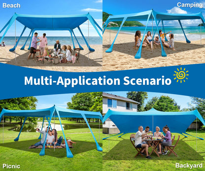 VVBE Beach Tent Sun Shelter 13x10FT, UPF50+ Outdoor Shade Canopy with 10 Sandbags, Sand Shovel, Ground Pegs & Stability Poles, Portable Beach Tent for Camping Fishing Picnics Travel