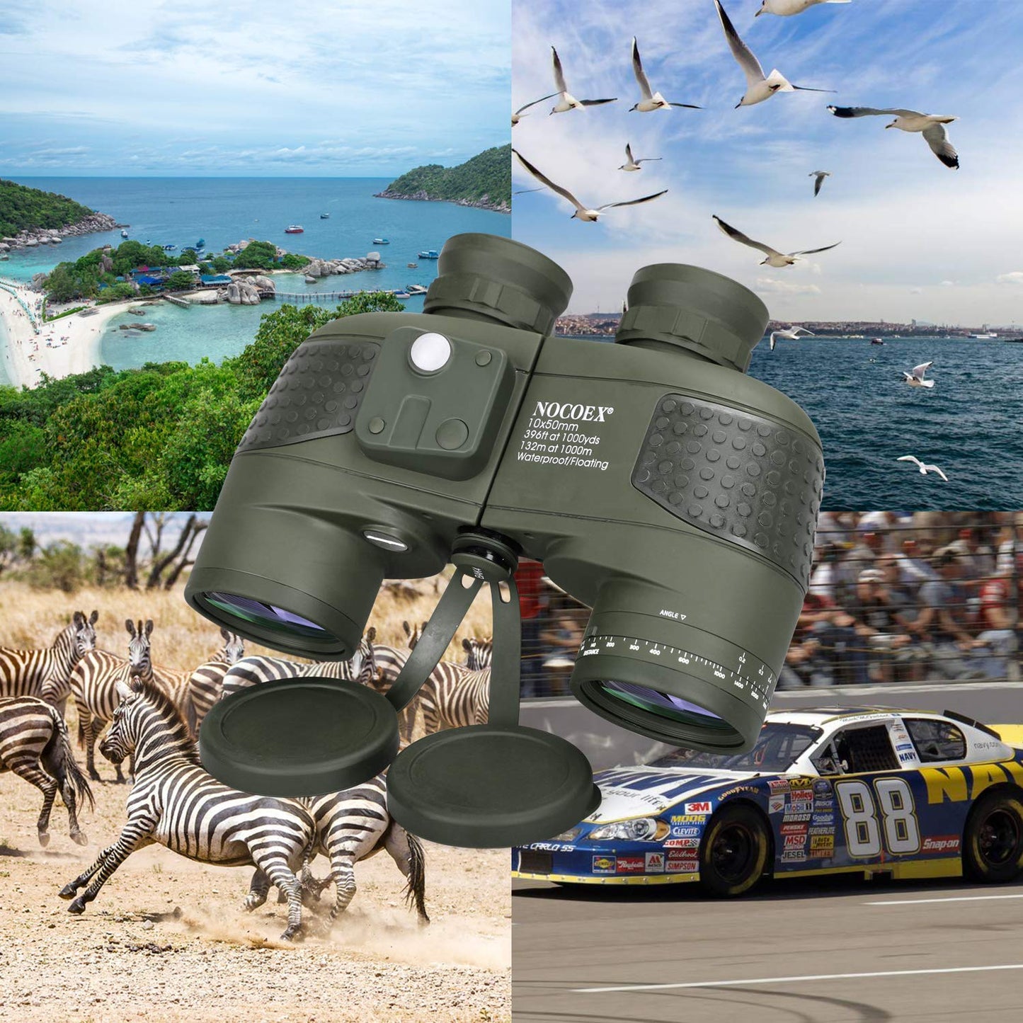 NOCOEX 10x50 Marine Binoculars for Adults, Military Binoculars Waterproof with Rangefinder Compass BAK4 Prism FMC Lens Fogproof for Navigation Boating Fishing Water Sports Hunting