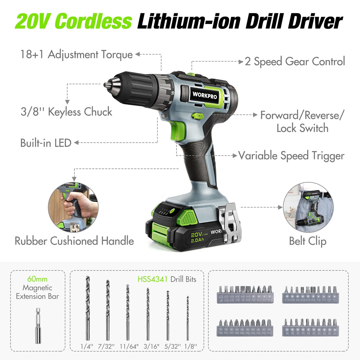 WORKPRO Home Tool Set with 20V Cordless Lithium-Ion Drill Driver, Household Repairing Tool Kit with Drill, 157PCS Power Drill Sets, 14-Inch Wide Mouth Storage Tool Bag, Green