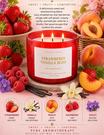 Strawberry Vanilla Bliss 3-Wick Soy Candle | 15.8 oz Large Aromatherapy Candle for Home | Clean Burn Long Lasting | Berry Vanilla Scent | Gift Ready