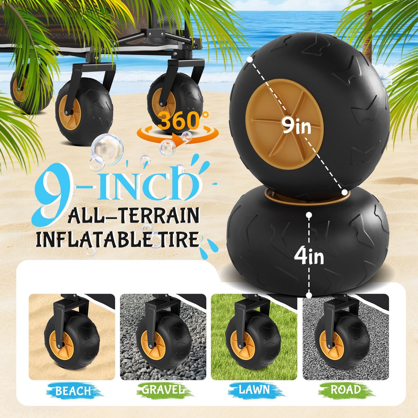 Beach Wagon with Big Wheels for Sand,Heavy Duty Double Decker Wagon with Extender,400L Extra Large Foldable Wagon Cart with 9" All Terrain Inflatable Tires,for Beach Camping Garden and Sports, Black