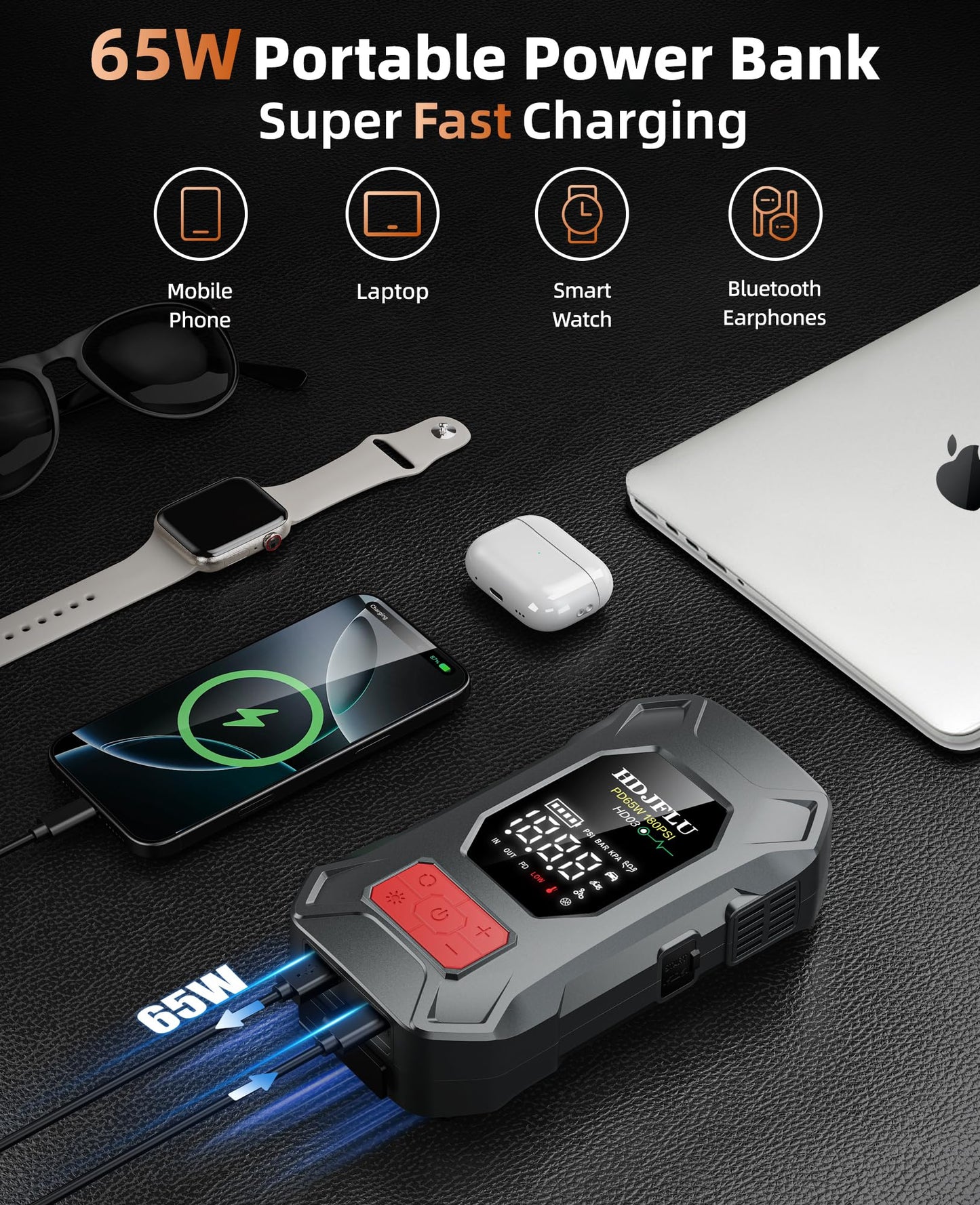 7500A Jump Starter with 180PSI Air Compressor, 24000mAh Car Battery Jump Starter(All Gas/10.0L Diesel), 65W Fast Charge, 10-in-1 Portable Auto Tire Inflator, Cigarette Lighter, Jumper Cable, LED Light