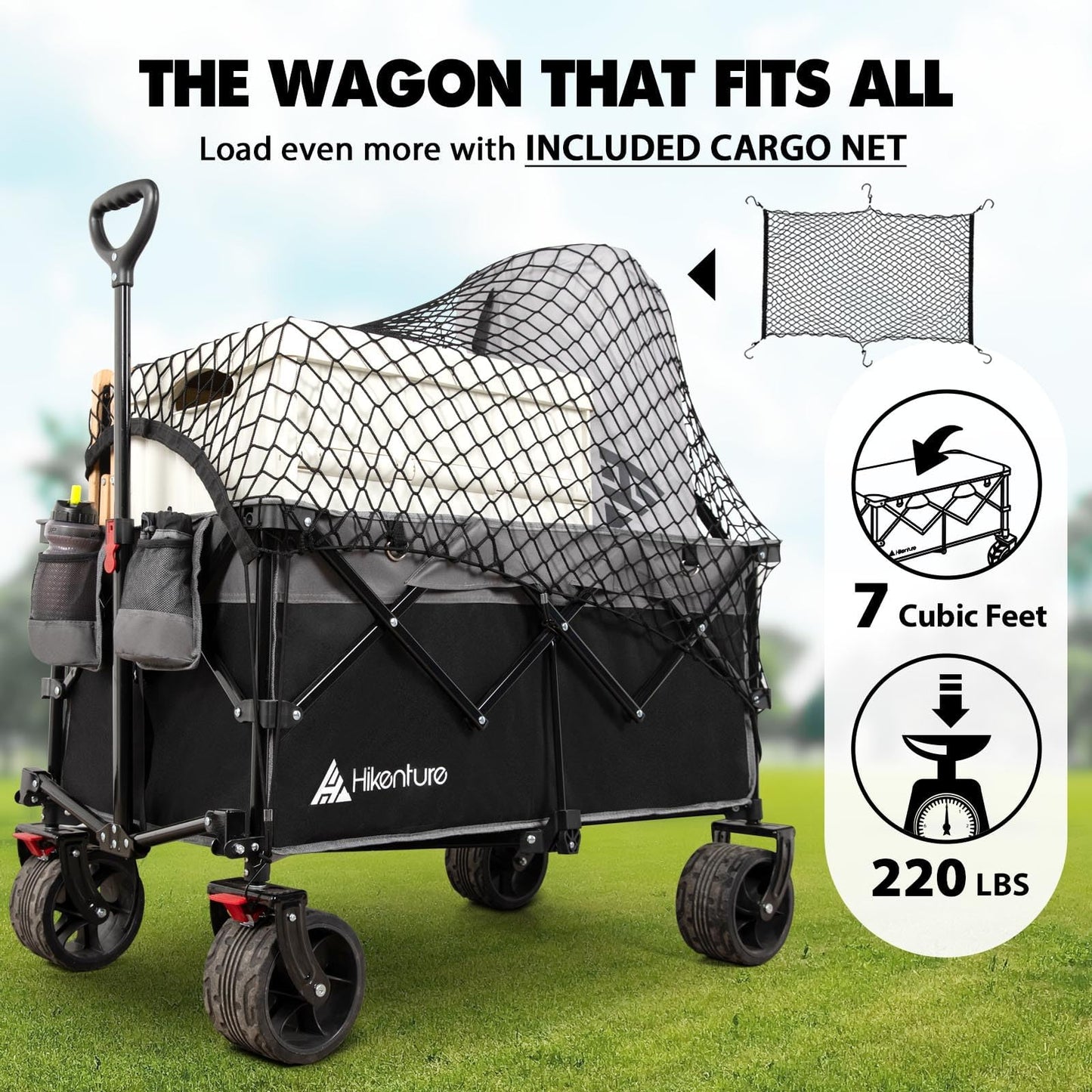 Hikenture Collapsible Wagon Cart and Cargo Net, 330lbs Capacity Beach Wagon with Big Wheels for Sand, Heavy Duty Foldable Wagon with Brakes, Portable Utility Folding Garden Cart
