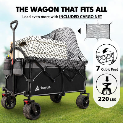 Hikenture Collapsible Wagon Cart and Cargo Net, 330lbs Capacity Beach Wagon with Big Wheels for Sand, Heavy Duty Foldable Wagon with Brakes, Portable Utility Folding Garden Cart