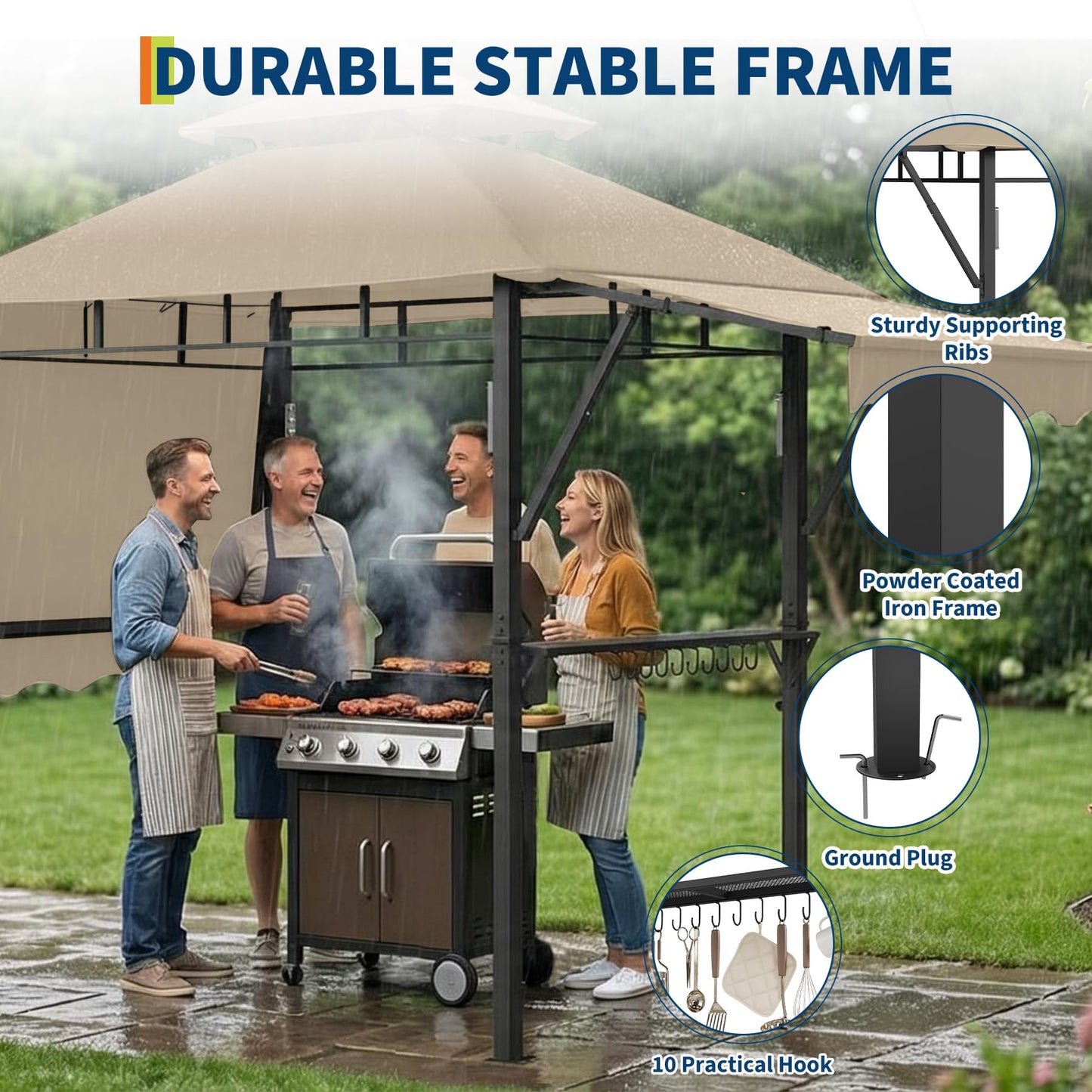 COZONY Double-Tier Grill Gazebo 13x4 ft – Heavy-Duty Steel Frame, Dual Side Awnings, Weather-Resistant Canopy, Shelves, LED Lights, Hooks, Bottle Opener – Outdoor BBQ Pavilion for Patio, Garden