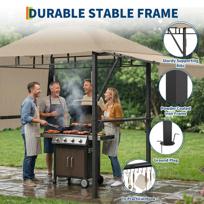 COZONY Double-Tier Grill Gazebo 13x4 ft – Heavy-Duty Steel Frame, Dual Side Awnings, Weather-Resistant Canopy, Shelves, LED Lights, Hooks, Bottle Opener – Outdoor BBQ Pavilion for Patio, Garden