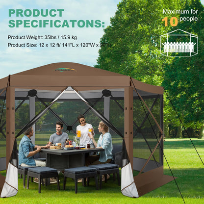 COBIZI 12x12 FT Pop Up Canopy Extendable Tent, Gazebos On Clearance, Screened in Gazebo,Screen Tents Portable carpas para Patio for Outdoor Camping,Backyard, Garden, Brown(Upgraded)