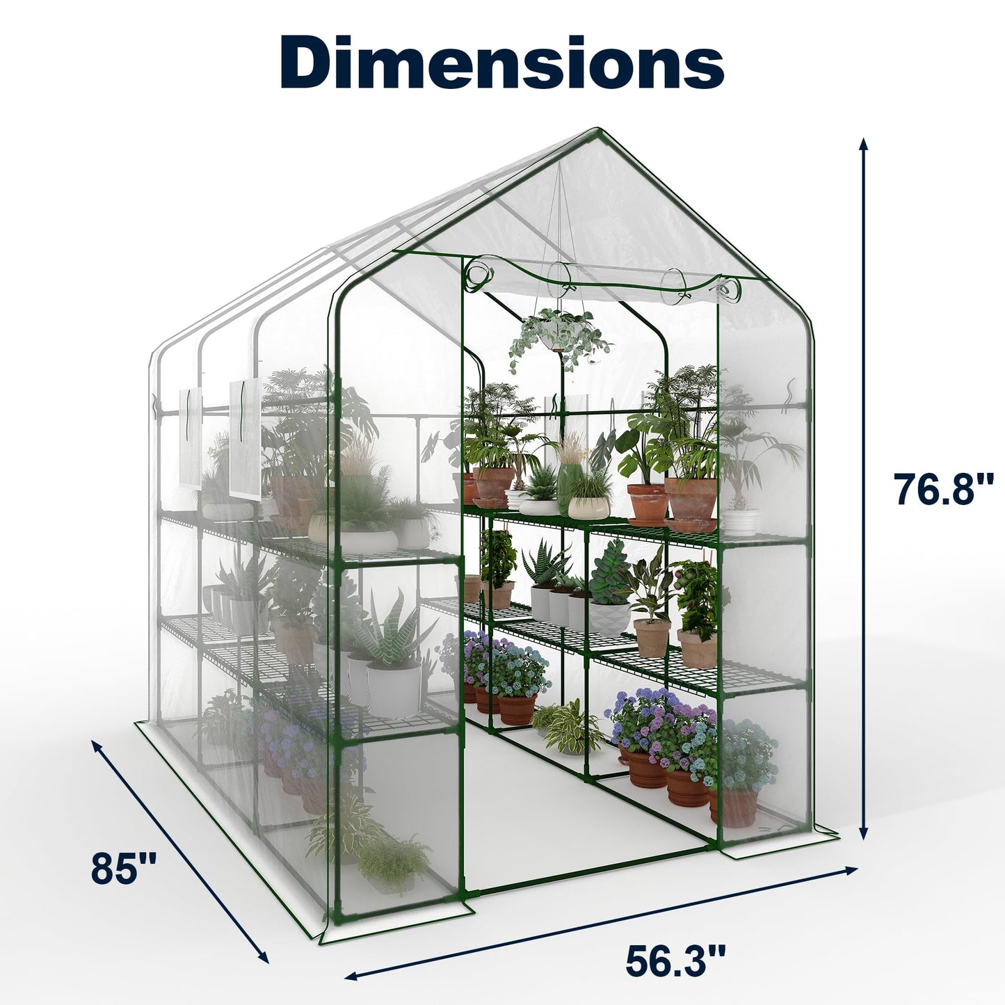 Walk-in Greenhouse 57"X85"X77" – Outdoor Garden Greenhouse with Thick UV-Resistant PE Cover, Mesh Door & Screen Windows, 3 Tiers 18 Shelves for Seedlings, Flowers, Vegetables, and Herbs