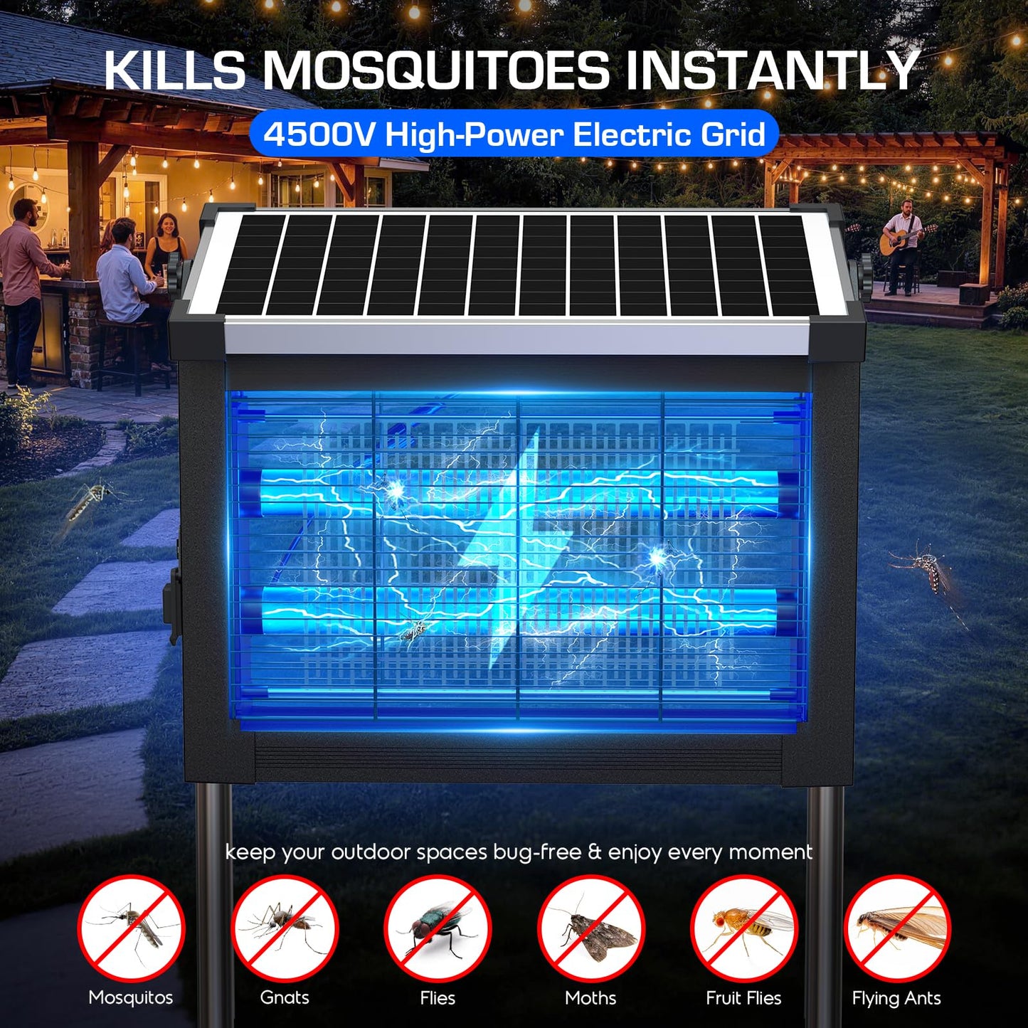 Solar Bug Zapper Outdoor Waterproof, 4500V High Power Cordless Mosquito Zapper with Smart Light Sensor, Dual Solar & USB Rechargeable Insect Killer for Patio, Garden, Backyard, Indoor & Outdoor Use