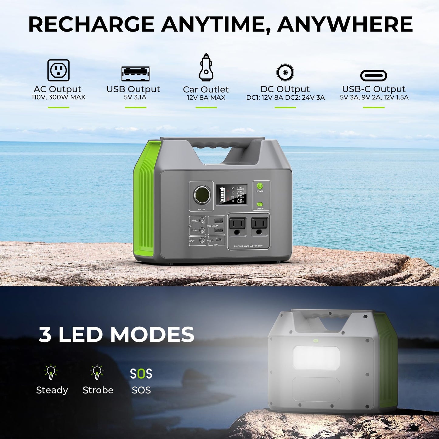 Portable Solar Generator, 300W Portable Power Station with Foldable 60W Solar Panel, 110V Pure Sine Wave 296Wh 80000mAh Lithium Battery Pack for Home Use RV Van Outdoor Camping-Panel included