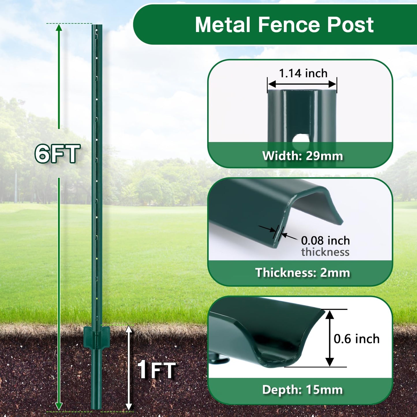 Gtongoko 10 Pack 6FT Heavy Duty Metal Fence Posts, Green U Channel No Dig Fence Stakes with Anchor Plate, 14 Gauge Steel Posts for Wire Fencing, Garden Protection, Animal Barrier, Yard & Farm Boundary