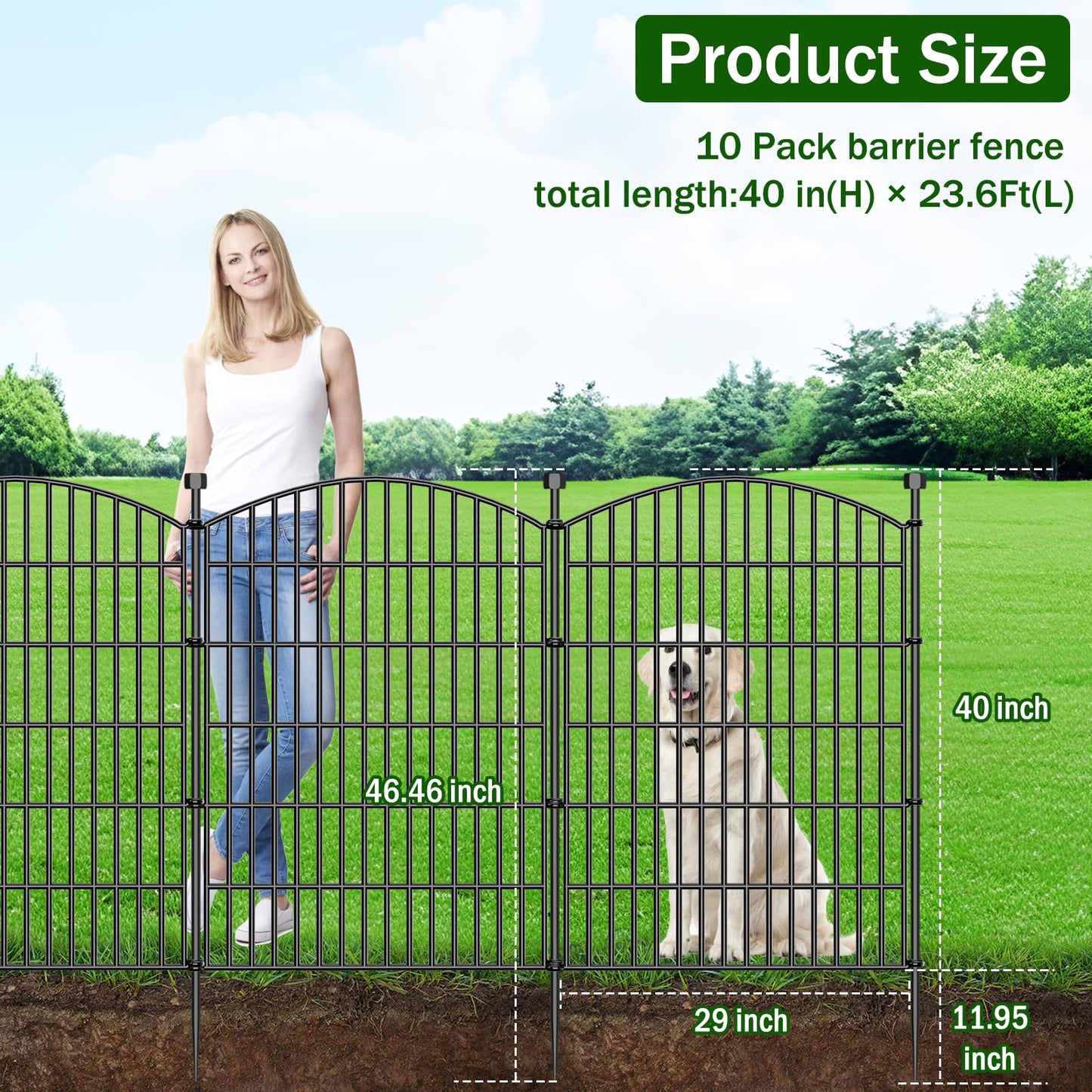 10 Panels No Dig Decorative Garden Fence with Gate - 40 in (H) x 23.6 ft (L), Dog Fence Outdoor for Yard, Rustproof Metal Animal Barrier Ground Stakes Fencing for Garden, Patio, Flower Bed