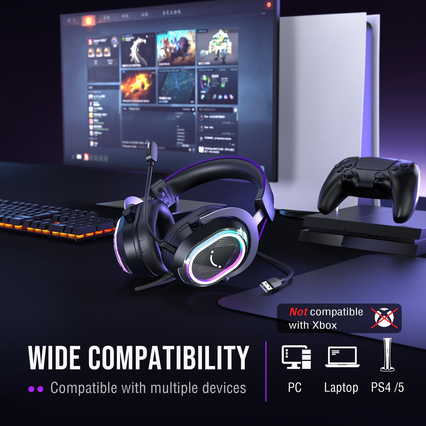 FIFINE Wired USB Gaming Headset: 7.1 Surround Sound - Vibrant Customizable RGB - Game/Chat Balance, Gamer Headphone with Noise Canceling Mic for PC, PS5/PS4, Laptop, Mac - AmpliGame H13BP