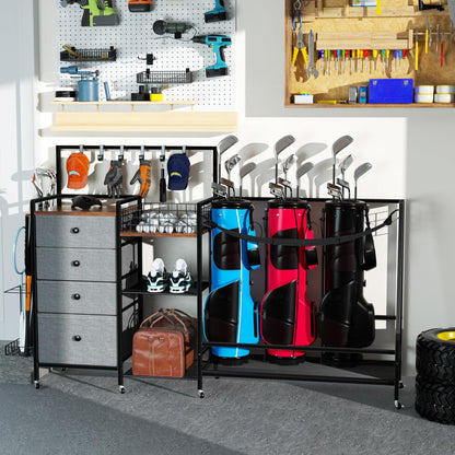 DALEMHOME Golf Bag Storage Rack for Garage, Extra Large 70.07" Golf Organizer Fits 3 Golf Bags, Heavy Duty Metal Golf Equipment Storage Stand with 4 Drawers, Side Basket and Lockable Casters