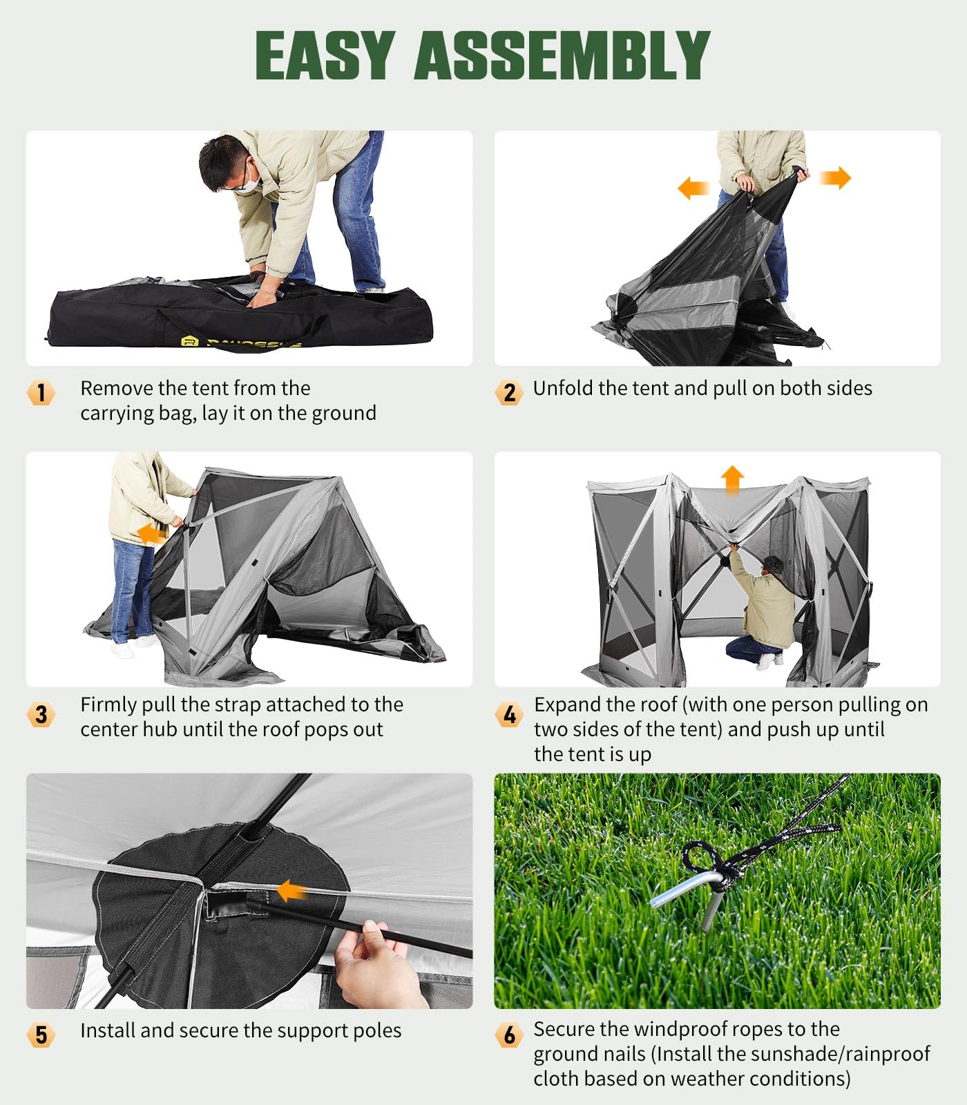 Raynesys 6 Sided Pop Up Gazebo Tent, Camping Screen Tent for 6-8 Person Foldable, Pop-Up Canopy Shelter with Mesh Windows, UV Resistant, Quick Set, Outdoor Gazebo with 6 Removable Wind Cloths, Gray