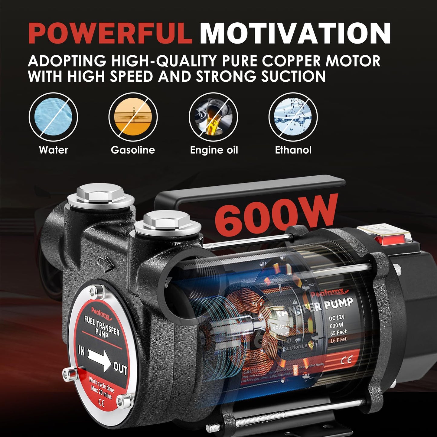 Poafamx 12V DC Fuel Transfer Pump, 16 GPM 600W Self Priming Diesel Transfer Pump, Portable Electric Oil Extractor Pump with High Flow Rate Auto Motor for Diesel Oil