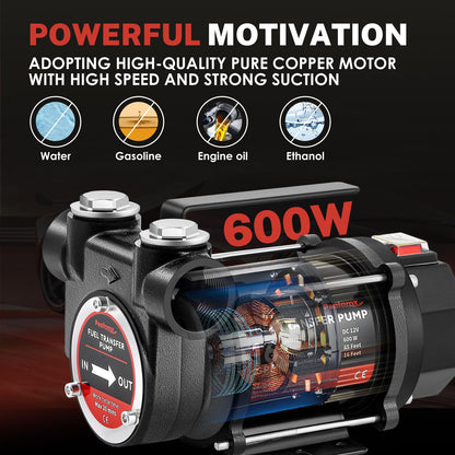 Poafamx 12V DC Fuel Transfer Pump, 16 GPM 600W Self Priming Diesel Transfer Pump, Portable Electric Oil Extractor Pump with High Flow Rate Auto Motor for Diesel Oil