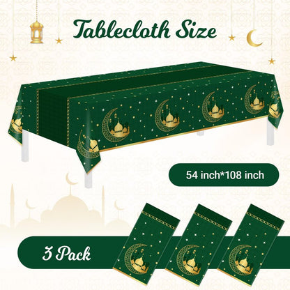 Childom 3 Pack Ramadan Table Cloth,Ramadan Decorations for Home,54" x 108" Eid Mubarak Decorations,Eid Ramadan Tablecloths Rectangular,Green Plastic Table Cloth Disposable Table Cover for Party Favors