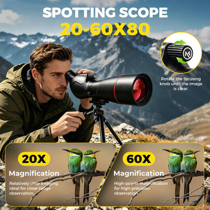 Spotting Scope 20-60x80 with Tripod Carrying Bag&Phone Adapter BAK4 High Definition Waterproof Spotter Scopes Essentials for Hunting Camping Cruise Travel Bird Watching Target Shooting