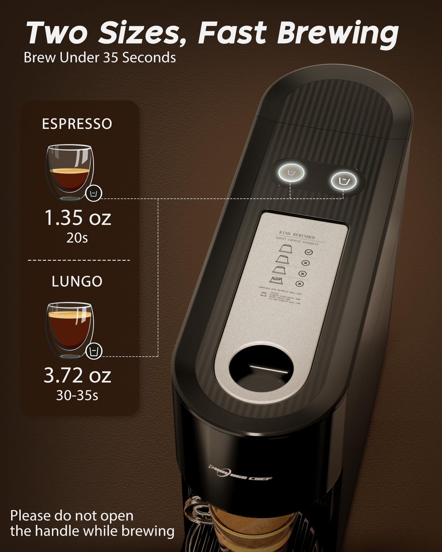 PURHUGO CHEF Espresso Machine Coffee Makers, Compatible with Nespresso Original Pods, One-Touch with Illuminated Brew Zone, 20 Bar Pump, 33.8oz Removable Tank, Compact Design, CM-C07-A