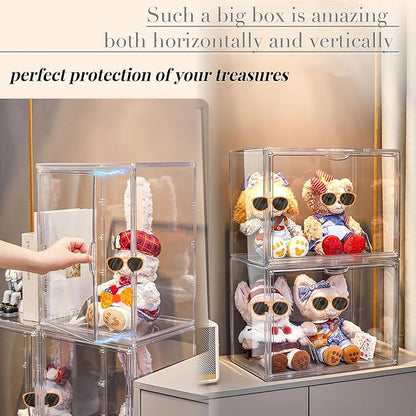Attelite XXX-Large Clear Display Case Stackable Plastic Storage Bins with Lid 2 Tiers Boot Shoe Box Organizers with an Adjustable Divider Big Acrylic Display Storage Box with Magnetic Door
