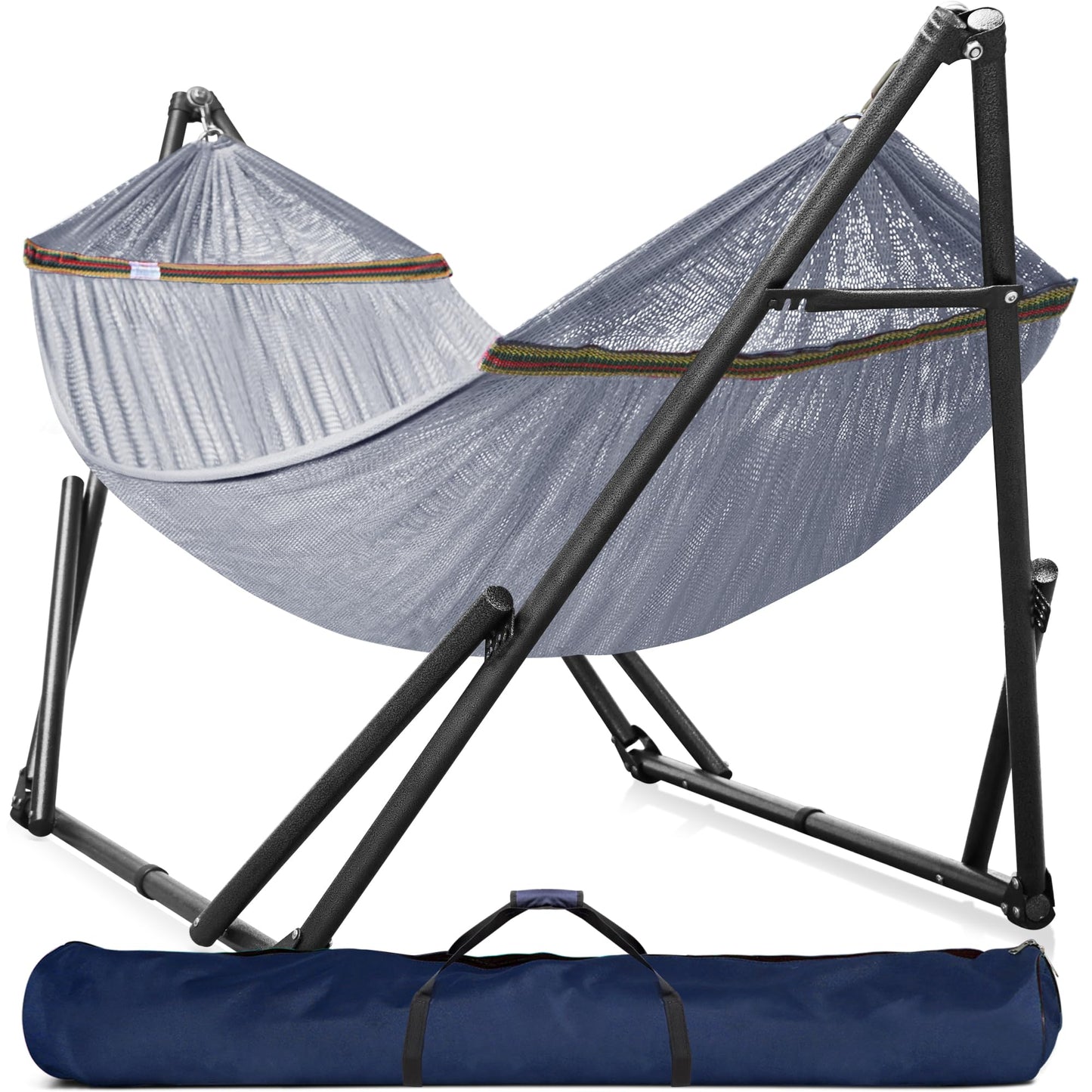 Tranquillo Universal Double Hammock with Stand Included for 2 Persons/Foldable Hammock Stand 600 lbs Capacity Portable Case - Inhouse, Outdoor, Camping, Grey
