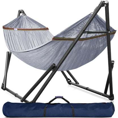 Tranquillo Universal Double Hammock with Stand Included for 2 Persons/Foldable Hammock Stand 600 lbs Capacity Portable Case - Inhouse, Outdoor, Camping, Grey