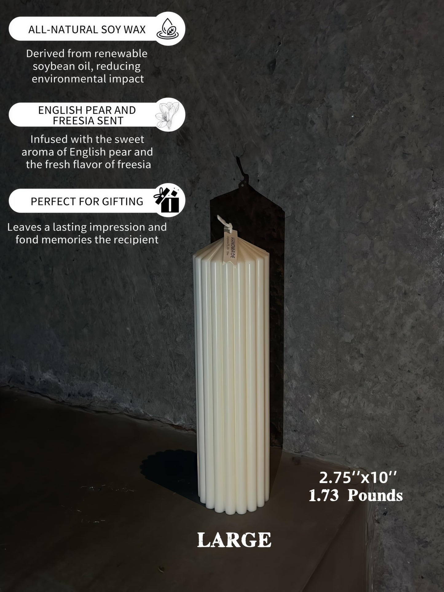 Hyznengu Ribbed Peak Pillar Candle- Large Handmade Scented Soy Wax Candle with Elegant Bubble Aesthetic， Housewarming Gift, Shelf & Coffee Table Centerpiece, White (Large)