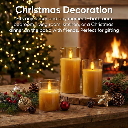 5plots Glass Battery Operated Gold Flameless Candles with Remote Timer, 3D Wick Real Wax Pillar Led Candles Warm Flickering Light for Indoor Home, Halloween, Christmas Decor, Set of 3, D3 x H4 5" 6"