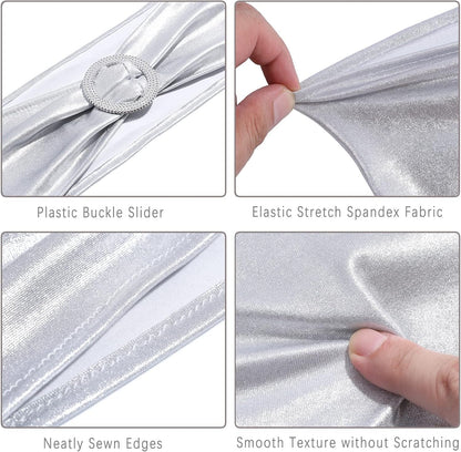 MDS Spandex Foil Chair Sashes - Universal Fit Elastic Stretch Bands with Buckle for Weddings | Metallic Silver - Pack of 10