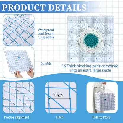 Threehoney 16 Pcs Thick Blocking Mats for Knitting Interlocking Blocking Boards with Grids, 250 T Pins and Storage Bag for Needlework Needlepoint Crocheting Supplies