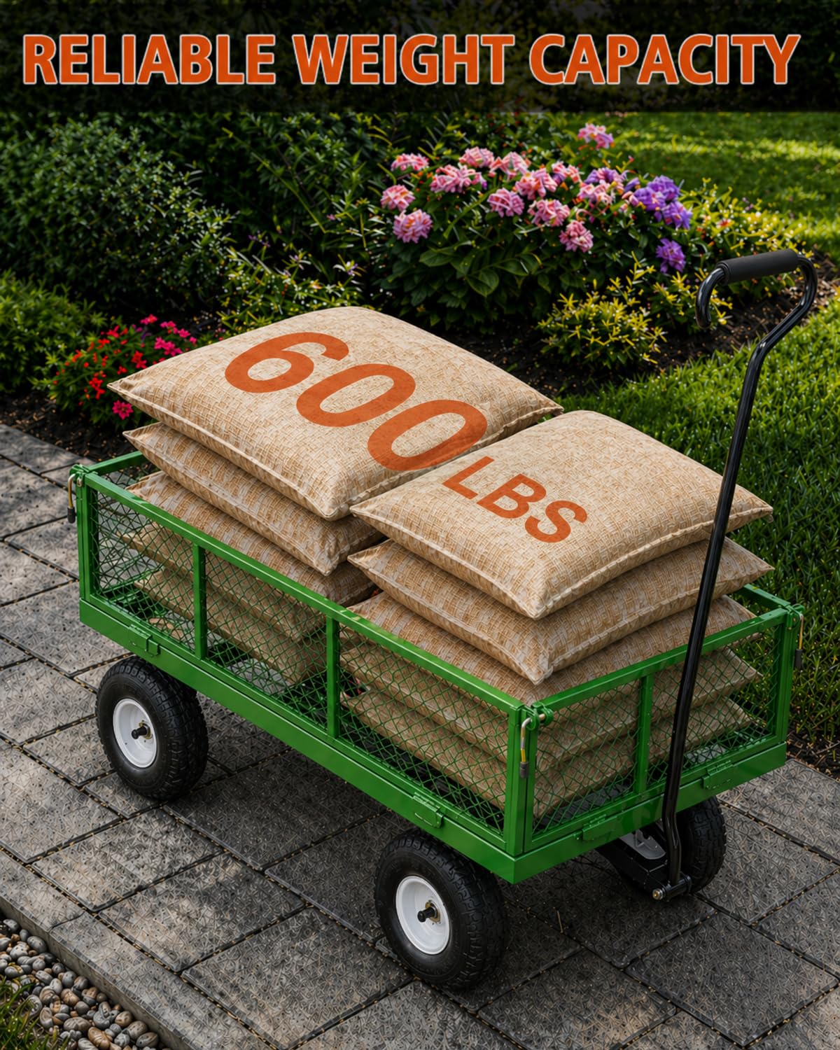 A A IN 600 lbs Heavy Duty Metal Garden Cart, Pull able Yard Wagon with Removable Mesh Sides, 180° Rotating Handle & 10" Wheels, Green