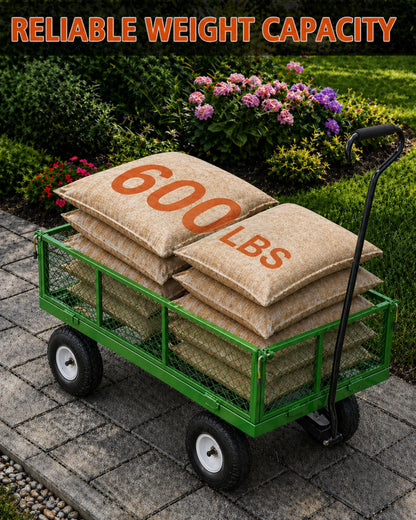 A A IN 600 lbs Heavy Duty Metal Garden Cart, Pull able Yard Wagon with Removable Mesh Sides, 180° Rotating Handle & 10" Wheels, Green