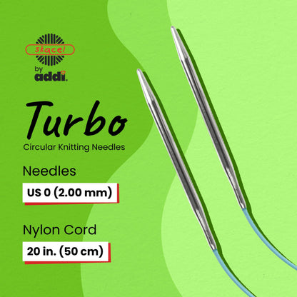 skacel by addi Turbo Circular Knitting Needles, Fixed 20 Inch (50 cm) Plated Brass Tips with Flexible Nylon Cord, 2 mm (US Size 0)