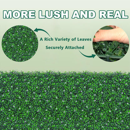 Yangrass Boxwood Roll Panels with White Flower, 48"x120" (40 sqft) Artificial Ivy Privacy Fence Screen, UV-Anti Faux Boxwood Roll Grass Wall Panels for Garden Patio Balcony Decor