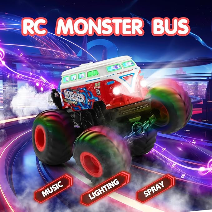 DYODYORC Remote Control Car 2.4Ghz RC Monster Truck Toys All Terrain RC Truck with Spray Music 3 Lighting Effects 360 Stunt Capable All Included Ready to Run Toy Gifts for Boys and Girl (Red)