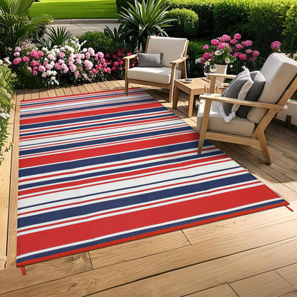 MilleLoom 10x20 Large Outdoor Patio Rug Modern Line Plastic Straw Outdoor Rugs Waterproof Foldable UV Resistant Camping Reversible Mats for Deck, Picnic, Porch, Camper, Balcony, Beach, Rv，Red/Multi