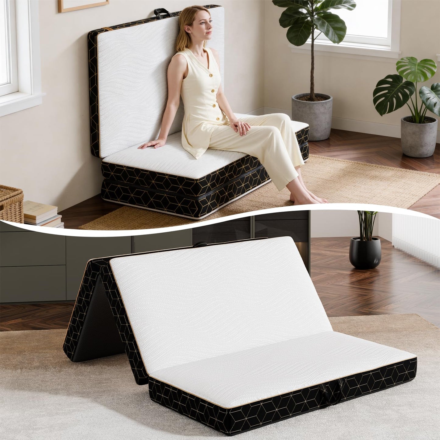 GEMBED Tri-Fold Memory Foam Mattress Full - 6 Inch Portable Folding Sofa Bed with Handle & Washable Cover, Floor Sofa Bed with Non-Slip Base, Space-Saving for Room, Travel, Guest Bed, RV, 73"x52"x6"