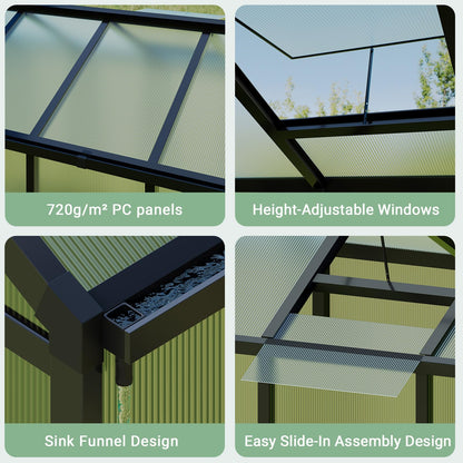 6X8FT Greenhouse, Aluminum Polycarbonate Green House, Green Houses for Outside with Sliding Doors, Ourdoor Greenhouse with Ajustable Roof Vent, Withstands Bad Weather for Garden, or Backyard, Black