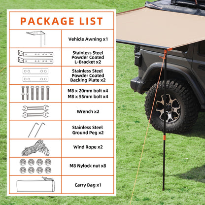 ALL-TOP Vehicle Awning 8.2'x10' Roof Rack Pull-Out Sun Shade UV50+, Weatherproof 4x4 Side Awning for Camping & Overland (Hardware Included)