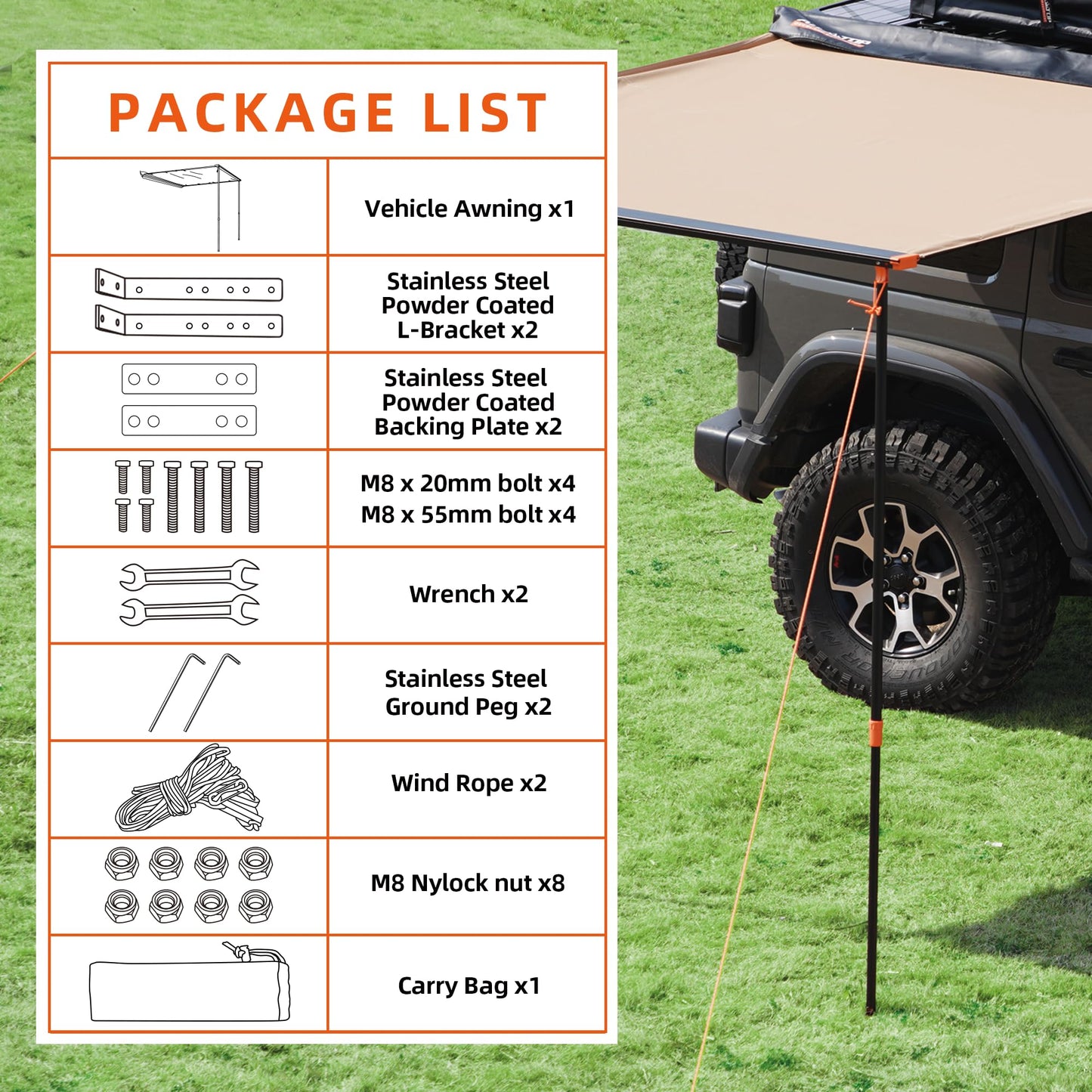 ALL-TOP Vehicle Awning 6.6'x8.2' Roof Rack Pull-Out Sun Shade UV50+, Weatherproof 4x4 Side Awning for Camping & Overland (Hardware Included)
