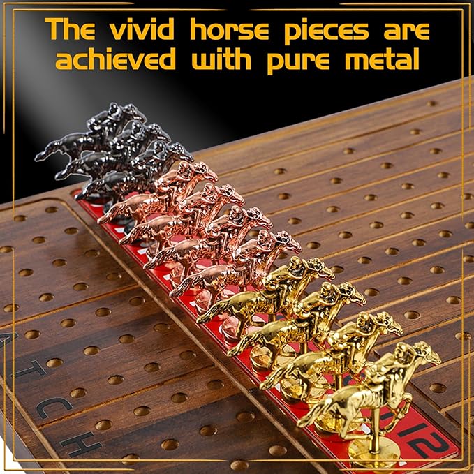 Horse Race Board Game Racing Game Thickened Solid Wood with 11 Luxurious Durable Classic Metal Horses with 2 Dice and 2 Boxes of Cards Horse Racing Game (Rustic Brown Rectangle)