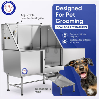 Flying Pig 50" Stainless Steel Pet Dog Grooming Bath Tub with Walk-in Ramp & Accessories (Right Door/Left Drain)