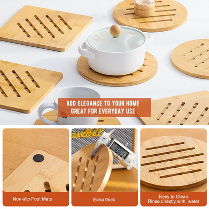 GHWIE Bamboo Trivet with Stand - Heat Resistant Pot Holders for Kitchen, Multi-Purpose Pads, Plate Mats, Large Stove Mat - Air Fryer Accessories and Trivets for Hot Dishes, 4 PCS