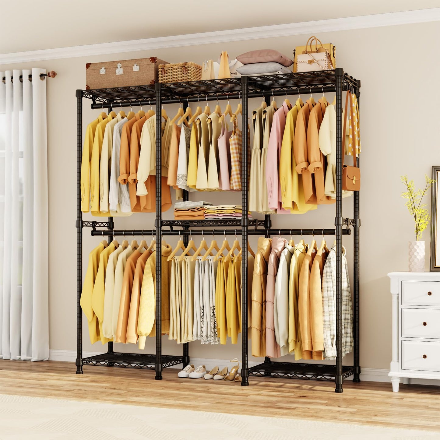 HYSEYY Portable Closet Heavy Duty Clothes Rack, Freestanding Clothing Racks for Hanging Clothes, Adjustable Garment Wardrobe Rack with 4 Hang Rods & Shelves ,73.6" L x 17.3" W x 76.4" H, Black