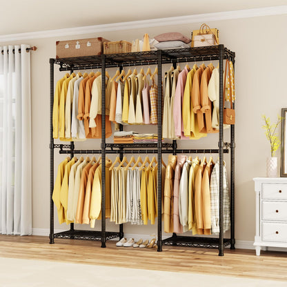 HYSEYY Portable Closet Heavy Duty Clothes Rack, Freestanding Clothing Racks for Hanging Clothes, Adjustable Garment Wardrobe Rack with 4 Hang Rods & Shelves ,73.6" L x 17.3" W x 76.4" H, Black