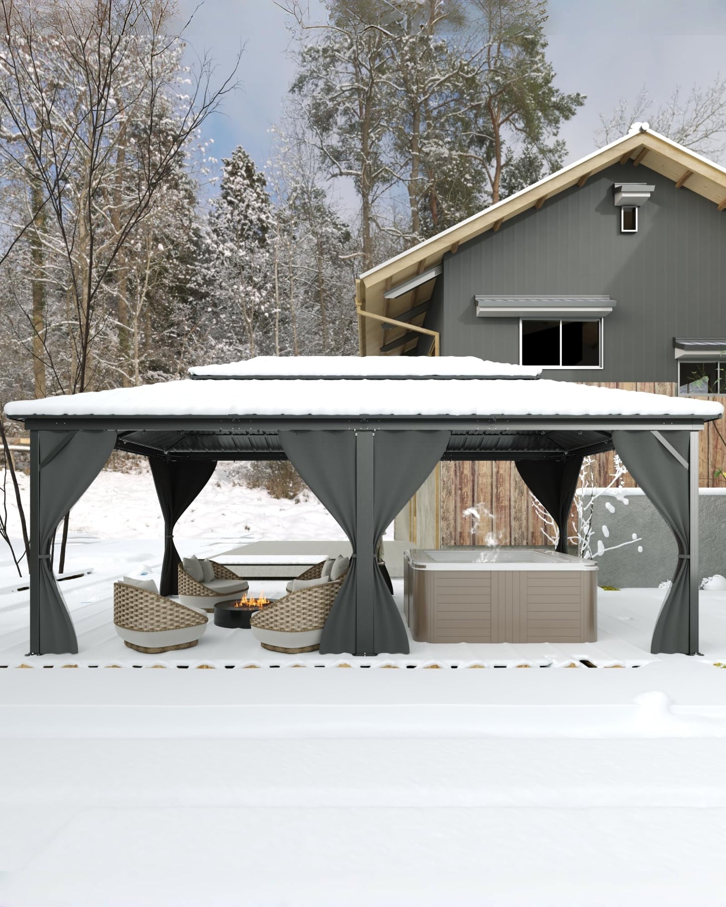 GarveeLife Hardtop Gazebo 12 ft x20 ft for All Weather, with Double Metal Roof, Net, and Curtain, Permanent Building for Patio, Deck, Backyard, Lawn, and Garden