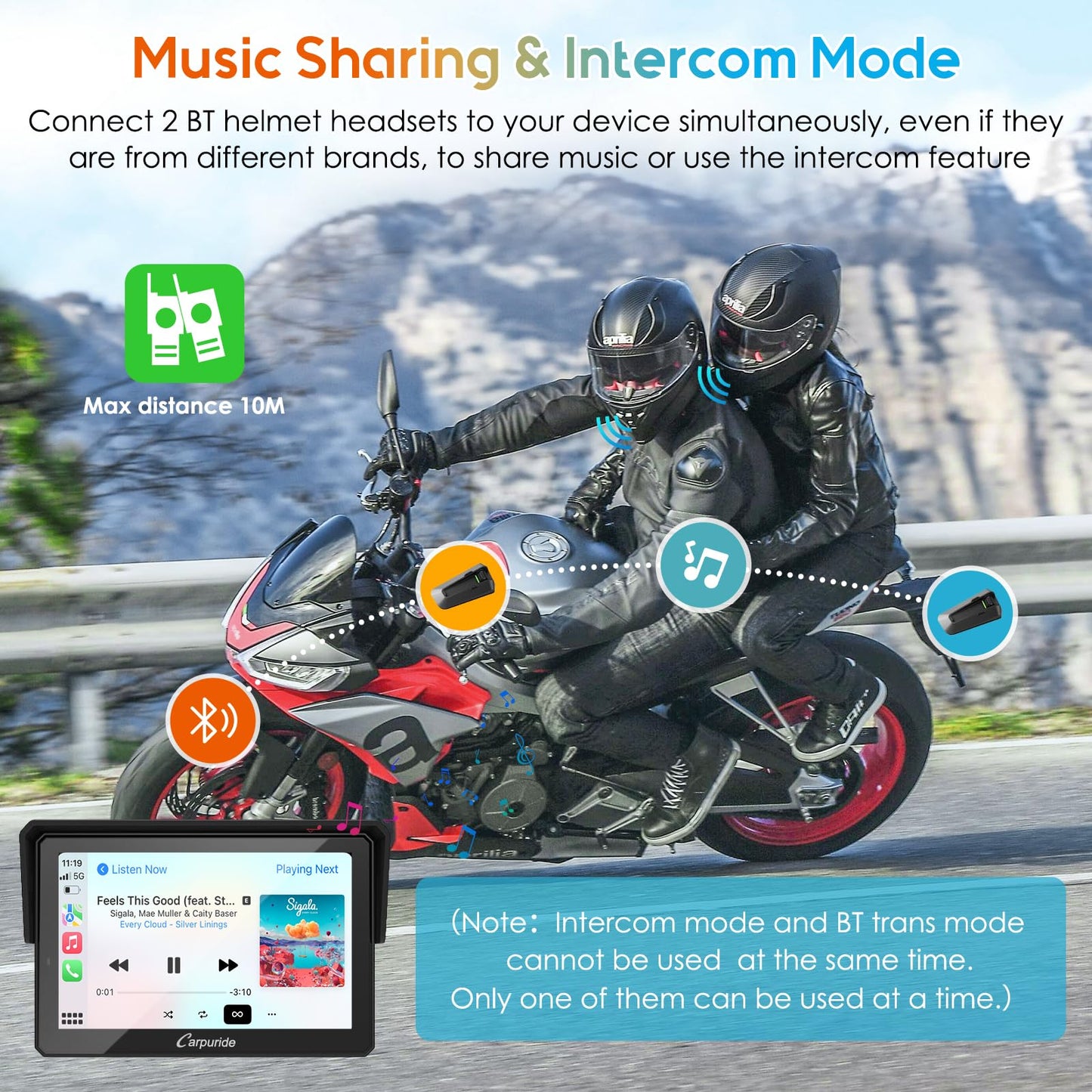 Carpuride W502PRO for Motorcycle CarPlay& Android Auto& Dual Bluetooth - 5" Waterproof GPS Navigation Screen for Motorbike, Music Sharing, Intercom, EQ, Light Sensor, Compass, Barometer
