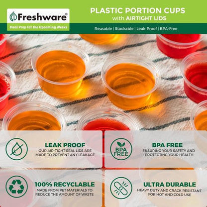 Freshware Plastic Portion Cups with Lids [2 Ounce, 200 Sets] Disposable Plastic Cups for Meal Prep, Salad Dressing, Jellos Shot Cups, Souffle Cups, Condiment and Dipping Sauce Cups